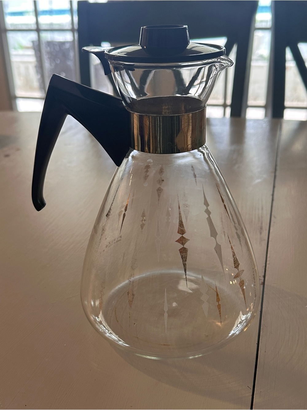 Vintage Pyrex Coffee Carafe with Gold Accent and Black Handle